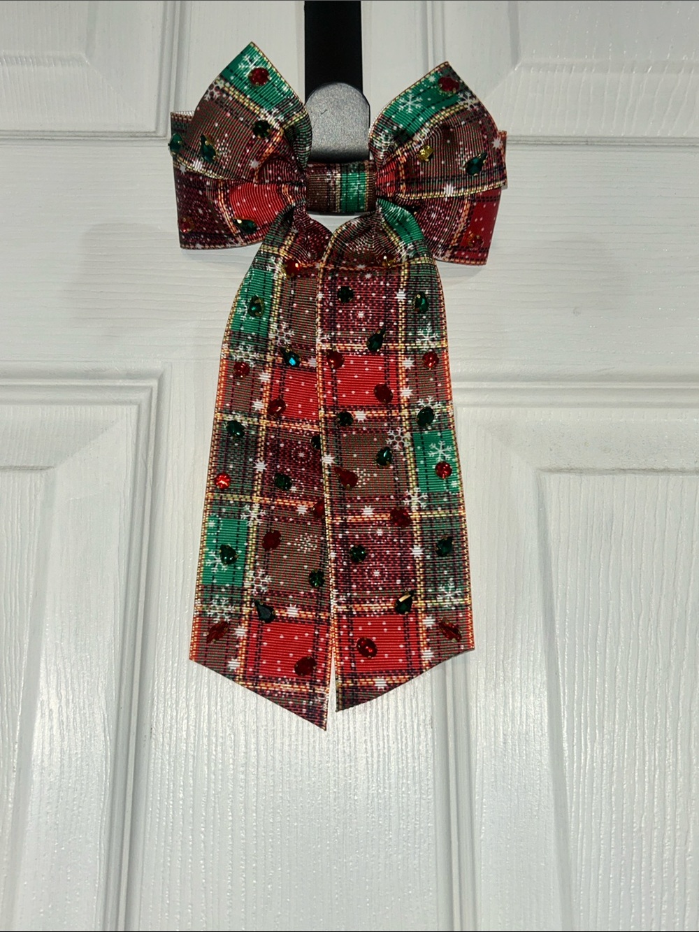 Plaid Holiday Bow Ribbon with Gem Accents - Red & Green